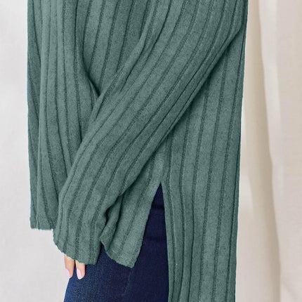 Basic Bae Full Size Ribbed Half Button Long Sleeve High-Low T-Shirt - MimiStylez