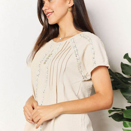 Double Take Crochet Buttoned Short Sleeves Top - MimiStylez