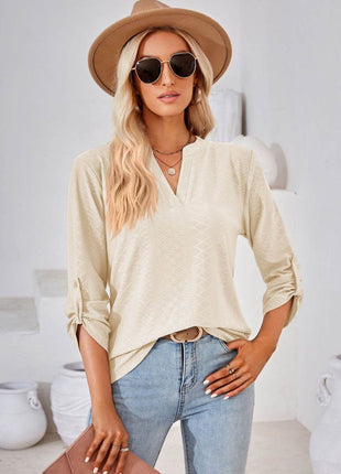 V-Neck Roll-Tap Sleeve Blouse - MimiStylez