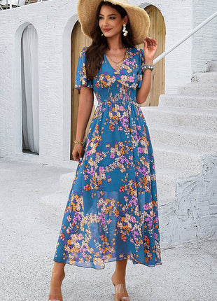 Smocked Floral V-Neck Short Sleeve Dress - MimiStylez