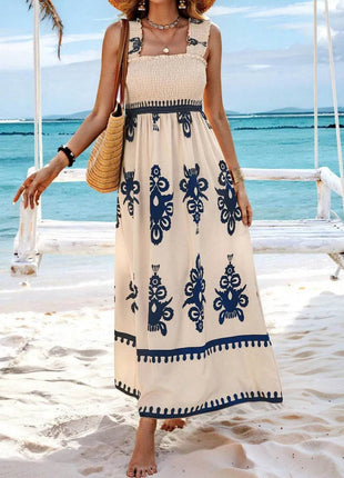 Smocked Printed Wide Strap Maxi Dress - MimiStylez