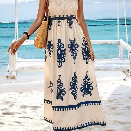 Smocked Printed Wide Strap Maxi Dress - MimiStylez