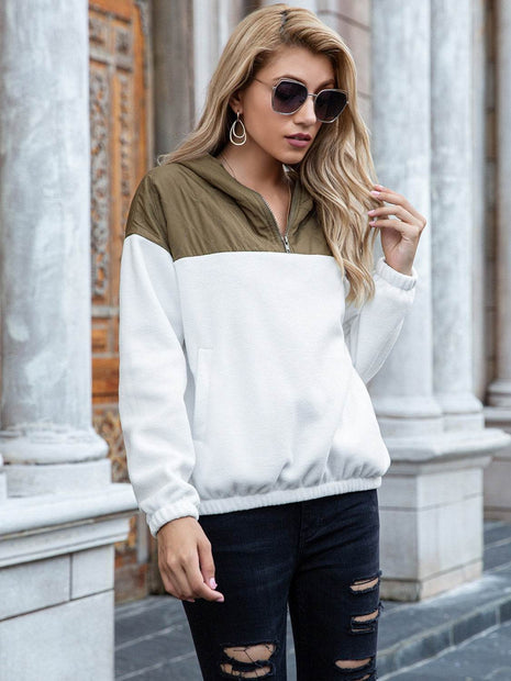 Pocketed Color Block Quarter Zip Hoodie - MimiStylez