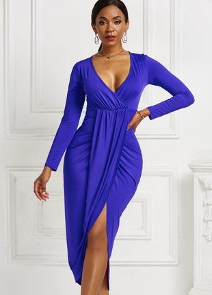 High-low Ruched Surplice Long Sleeve Dress - MimiStylez