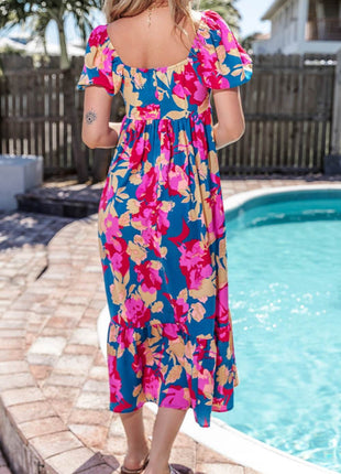 Printed Square Neck Short Sleeve Midi Dress - MimiStylez