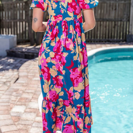 Printed Square Neck Short Sleeve Midi Dress - MimiStylez