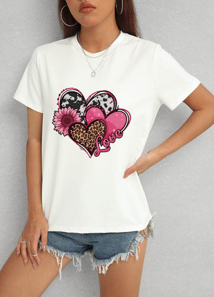 Heart Round Neck Short Sleeve T-Shirt - MimiStylez