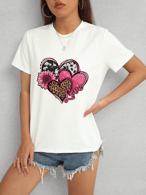 Heart Round Neck Short Sleeve T-Shirt - MimiStylez