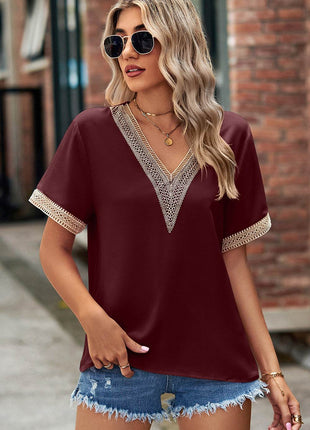 Openwork V-Neck Short Sleeve T-Shirt - MimiStylez