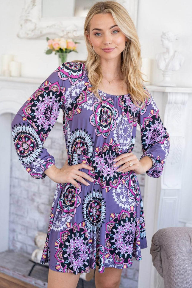 White Birch Printed Long Sleeve Mini Dress with Short Liner - MimiStylez