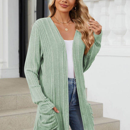 Pocketed Open Front Long Sleeve Cardigan - MimiStylez