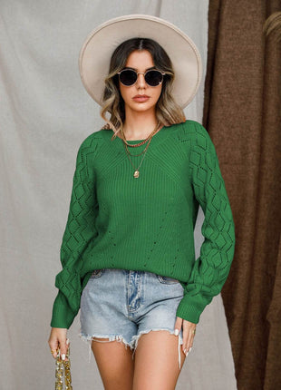 Openwork Round Neck Raglan Sleeve Sweater - MimiStylez