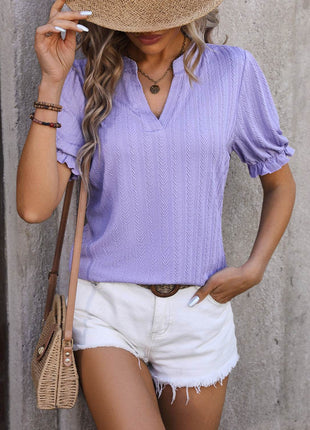 Textured Notched Flounce Sleeve Blouse - MimiStylez