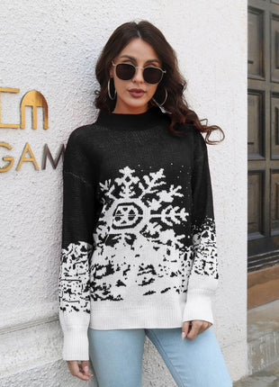 Snowflake Pattern Mock Neck Sweater - MimiStylez