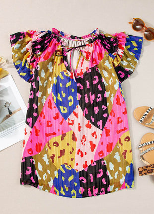Ruffled Printed Tie Neck Cap Sleeve Blouse - MimiStylez
