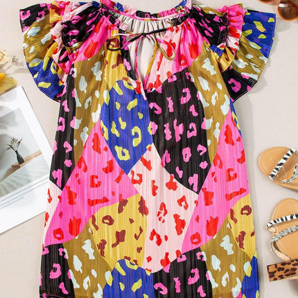 Ruffled Printed Tie Neck Cap Sleeve Blouse - MimiStylez