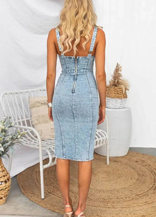 Side Slit Washed Scoop Neck Denim Dress - MimiStylez