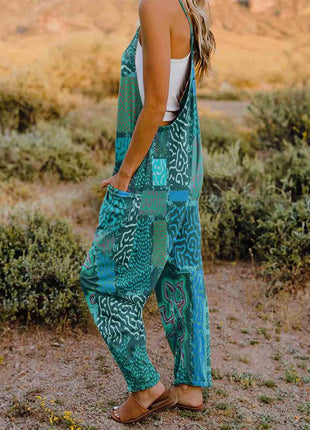 Full Size Printed V-Neck Sleeveless Jumpsuit - MimiStylez