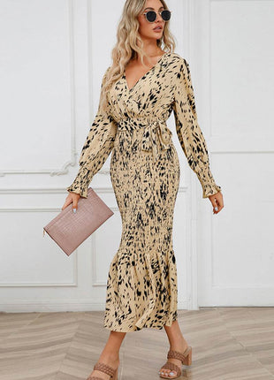 Printed V-Neck Smocked Midi Dress - MimiStylez