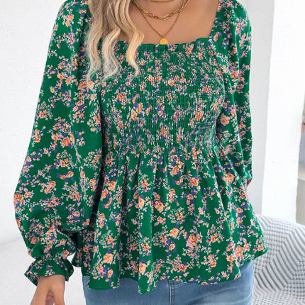 Floral Square Neck Flounce Sleeve Blouse - MimiStylez