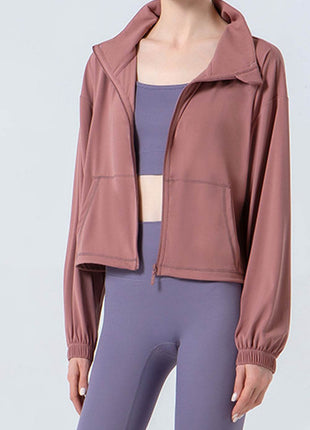 Drawstring Zip Up Dropped Shoulder Active Outerwear - MimiStylez