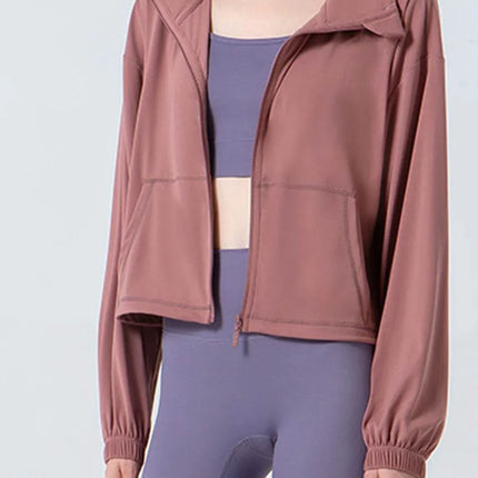 Drawstring Zip Up Dropped Shoulder Active Outerwear - MimiStylez