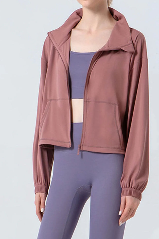 Drawstring Zip Up Dropped Shoulder Active Outerwear - MimiStylez