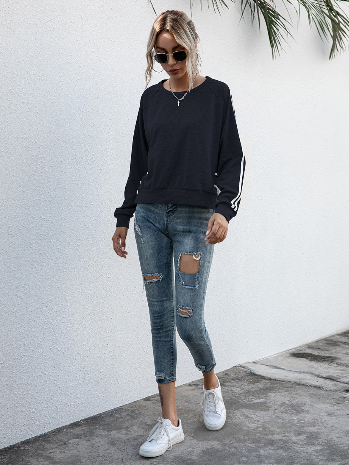 Lace-Up Round Neck Long Sleeve Sweatshirt