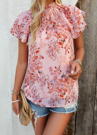 Printed Ruffled Mock Neck Blouse - MimiStylez