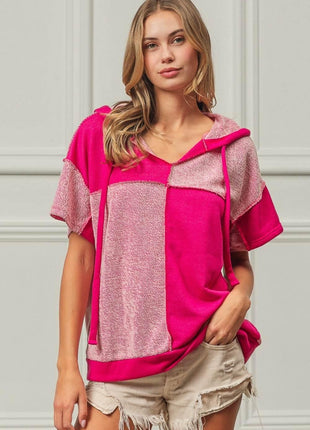 BiBi Color Block Exposed Seam Short Sleeve Hooded Top - MimiStylez