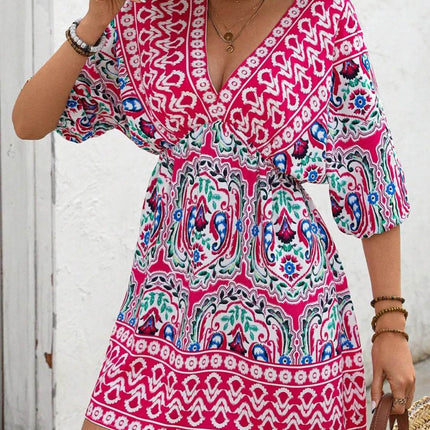 Printed Tie Back Half Sleeve Mini Dress - MimiStylez