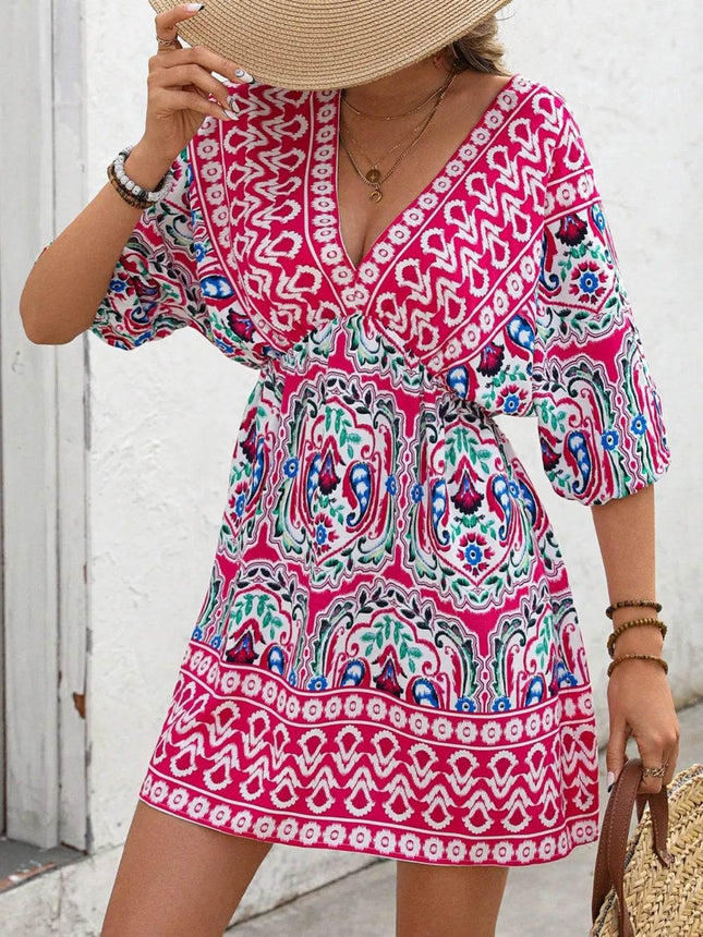 Printed Tie Back Half Sleeve Mini Dress - MimiStylez