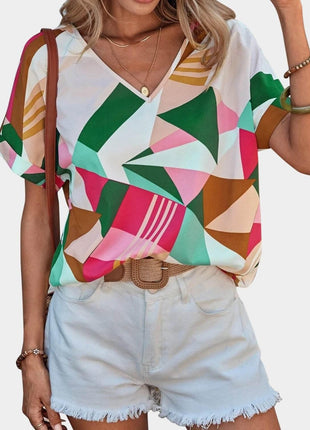 Printed V-Neck Short Sleeve Blouse - MimiStylez