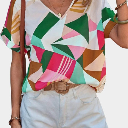 Printed V-Neck Short Sleeve Blouse - MimiStylez