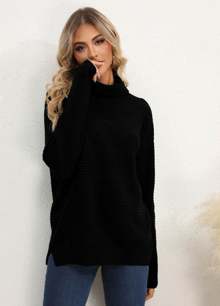 Slit Turtleneck Dropped Shoulder Sweater - MimiStylez