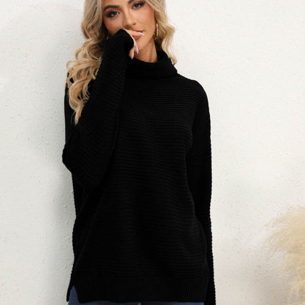 Slit Turtleneck Dropped Shoulder Sweater - MimiStylez