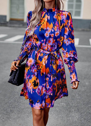 Printed Tie Waist Mock Neck Lantern Sleeve Dress - MimiStylez
