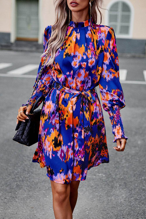 Printed Tie Waist Mock Neck Lantern Sleeve Dress - MimiStylez