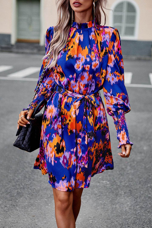 Printed Tie Waist Mock Neck Lantern Sleeve Dress - MimiStylez