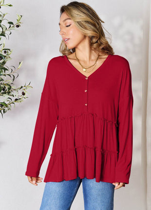 Double Take Half Button Long Sleeve Ruffle Hem Blouse - MimiStylez