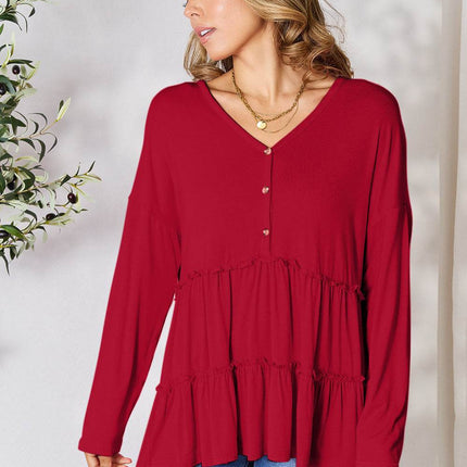 Double Take Half Button Long Sleeve Ruffle Hem Blouse - MimiStylez