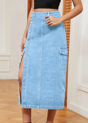 Button Down Midi Denim Skirt - MimiStylez