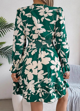 Tied Ruffled Printed Long Sleeve Dress - MimiStylez