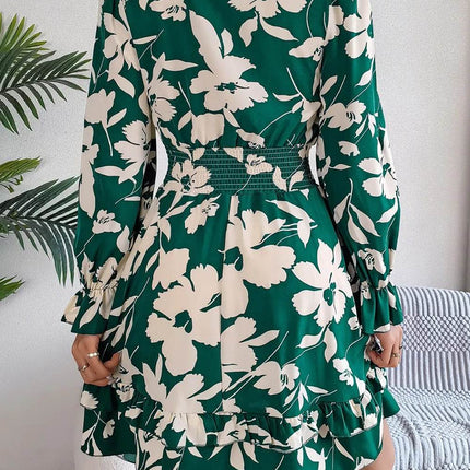 Tied Ruffled Printed Long Sleeve Dress - MimiStylez