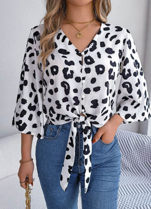 Tied Button Up Leopard V-Neck Blouse - MimiStylez