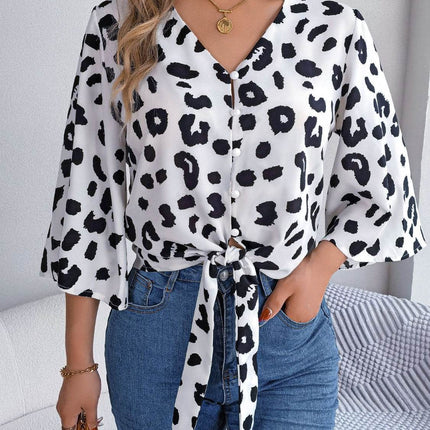 Tied Button Up Leopard V-Neck Blouse - MimiStylez