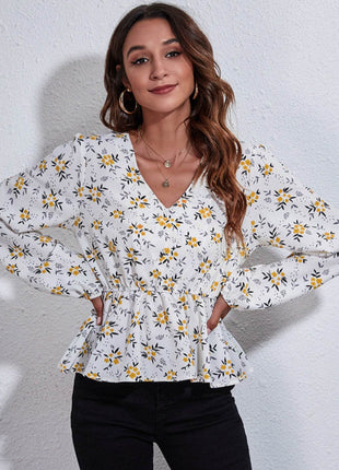 Floral V-Neck Balloon Sleeve Peplum Blouse - MimiStylez