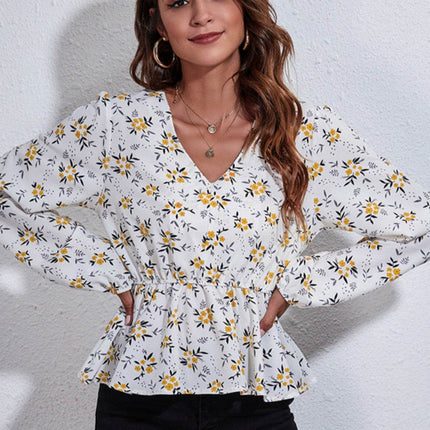Floral V-Neck Balloon Sleeve Peplum Blouse - MimiStylez