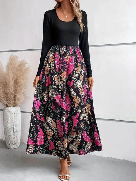 Floral Round Neck Long Sleeve Maxi Dress - MimiStylez