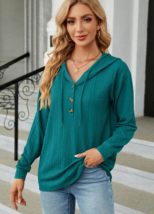 Drawstring Half Button Long Sleeve Hoodie - MimiStylez